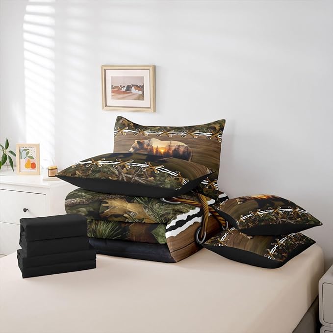 Camo Full Size Bed Sheets and Comforter Set | Brown Bear 7 Piece Bedding Set Mens Country Bed in a Bag, Farmhouse Woodland Animals Hunting Room Decor,Camouflage Rustic Cabin Decor Camo Bed Set