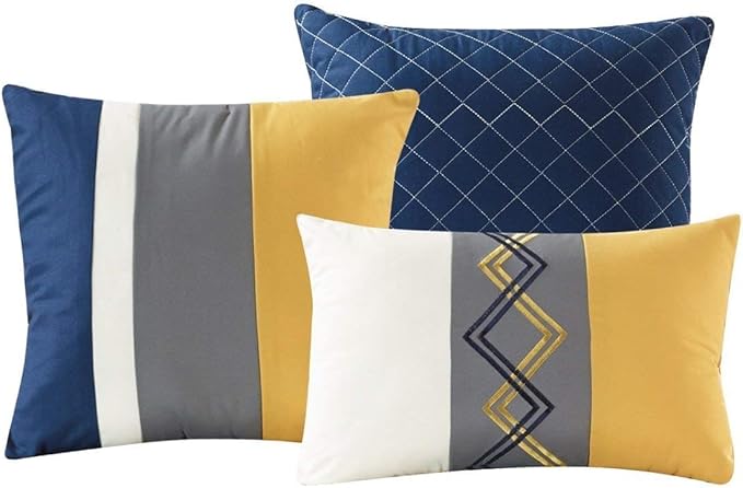 Chezmoi Collection Arden 7-Piece Modern Pleated Stripe Embroidered Zigzag Bedding Comforter Set (California King, Navy/Gray/Yellow/White)