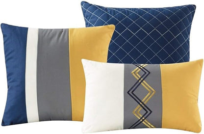 Chezmoi Collection Arden 7-Piece Modern Pleated Stripe Embroidered Zigzag Bedding Comforter Set (King, Navy/Gray/Yellow/White)