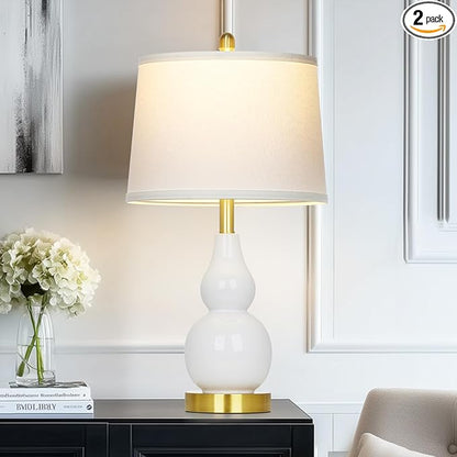 Ceramic Table Lamp for Living Room, 25" Modern Double Gourd Ceramic Lamp for Bedroom White Farmhouse Rustic Classic Bedside Lamp with Round Fabric Shade for Night stand Desk End Tables(Bulb Included)