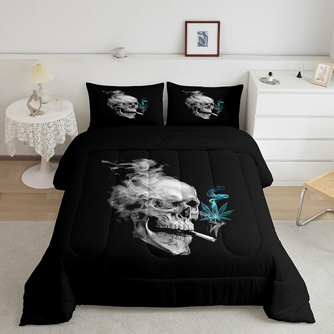 Erosebridal Gothic Skull Bedding Twin,Turquoise Leaves Comforter Set for Kids Boys Girls,Smoky Skeleton Down Comforter, Plant Tropical Botanical Bedding Comforter Sets