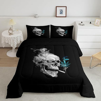 Erosebridal Gothic Skull Bedding Full,Turquoise Leaves Comforter Set for Kids Boys Girls,Smoky Skeleton Down Comforter, Plant Tropical Botanical Bedding Comforter Sets