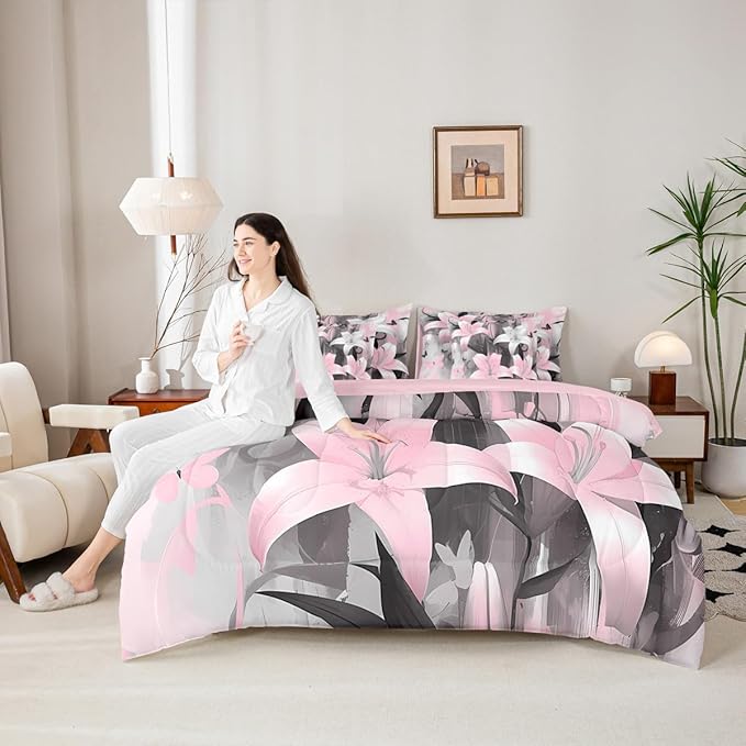 Feelyou Girls Lily Flower Comforter Set with Sheets Queen Size 7 Pieces Kids Butterfly Floral Bedding Set for Boys Women Teens Pink Black Simple Modern Abstract Art Bed in a Bag Room Decor