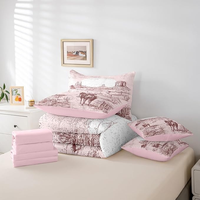 Feelyou Pink Western Decor Comforter Set with Sheets Queen Size Kids West Cowboy Horse 7 Pieces Bedding Set for Boys Girls Teens Rodeo Cowboy Style Bed in a Bag Breathable Grunge Design Bed Set