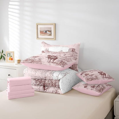 Feelyou Pink Western Decor Comforter Set with Sheets Full Size Kids West Cowboy Horse 7 Pieces Bedding Set for Boys Girls Teens Rodeo Cowboy Style Bed in a Bag Breathable Grunge Design Bed Set