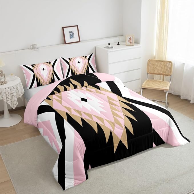 Feelyou Pink Black Boho Western Comforter Set Southwestern Aztec Tribal Toddler Size Bedding Set for Kids Boys Girls Vintage Geometric Duvet Quilt