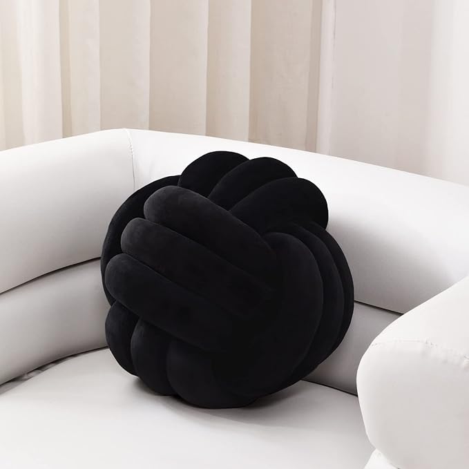 Sioloc Soft Knot Ball Pillows,Round Throw Pillow Cushion Home Decoration Plush Pillow,Throw Knotted Pillow Handmade Round Plush Pillow（13.7inches,Black）