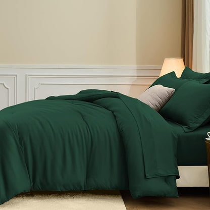 FUANNA King Size Comforter Sets Emerald Green, 7 Pieces Soft Bedding Set, All Season Lightweight Bed in a Bag with Comforter, Flat Sheet, Fitted Sheet, Pillowcases & Shams