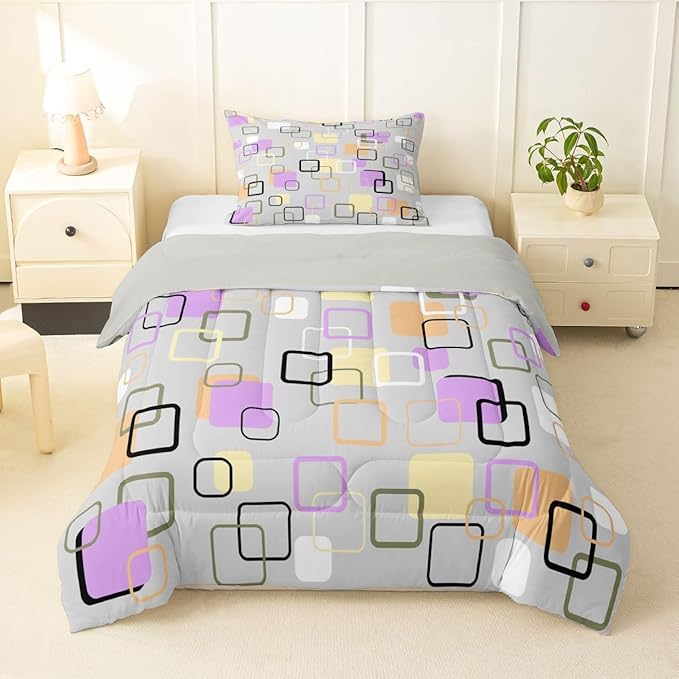 Erosebridal Retro Geometric Square Toddler Comforter Set Pastel Purple Grey Plaid Bedding Set Modern Abstract Checkerboard Comforter for Kids Girls Boys Checkered Latticed Quilt Duvet