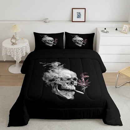 Erosebridal Gothic Skull Bedding King,Pink Leaves Comforter Set for Kids Boys Girls,Smoky Skeleton Down Comforter, Plant Tropical Botanical Bedding Comforter Sets,All Season