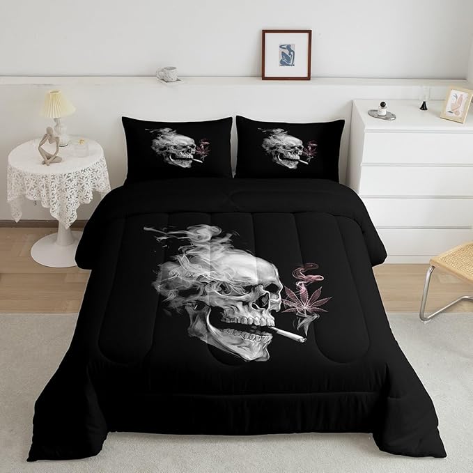Erosebridal Gothic Skull Bedding Toddler,Pink Leaves Comforter Set for Kids Boys Girls,Smoky Skeleton Down Comforter, Plant Tropical Botanical Bedding Comforter Sets,All Season