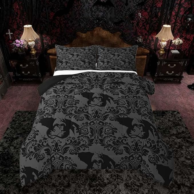 Feelyou Adults Gothic Kids Comforter Set Twin Size Dark Olive Green Damask Bedding Set Dragon Duvet Quilt for Kids Boys Girls Bedroom Decor Microfiber Ultra Soft Breathable