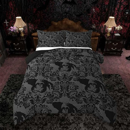 Feelyou Adults Gothic Kids Comforter Set Twin Size Dark Olive Green Damask Bedding Set Dragon Duvet Quilt for Kids Boys Girls Bedroom Decor Microfiber Ultra Soft Breathable