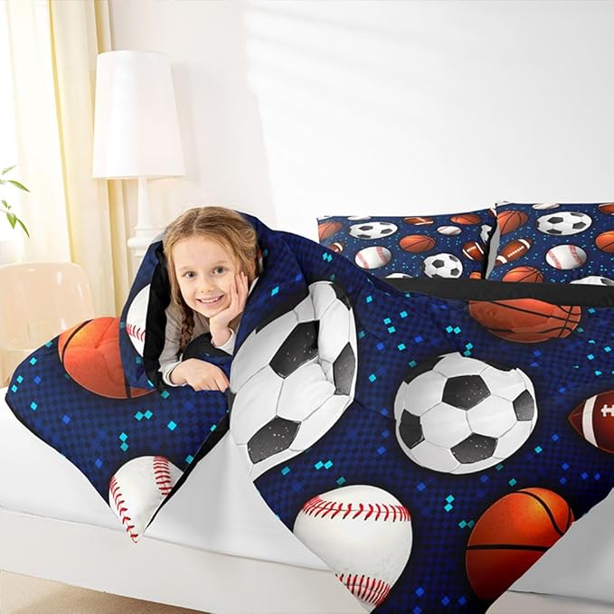 Ball Game Comforter Set for Kids Boys Teens,Baseball Duvet Insert Twin Size,Basketball Soccer Bedding Set Bedroom Decor,Glowing Neon Sports Theme Quilt Comforter with 1 Pillowcase All Season