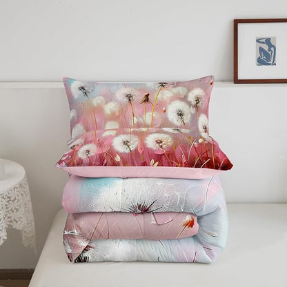 Dandelion Kids Comforter King,Botanical Leaves Plants Bedding Set for Girls Youth Bedroom Decor,Pink Gradient Sky Reversible Quilt Sets,Farmhouse Style Bedding Comforter Set,Soft Fluffy