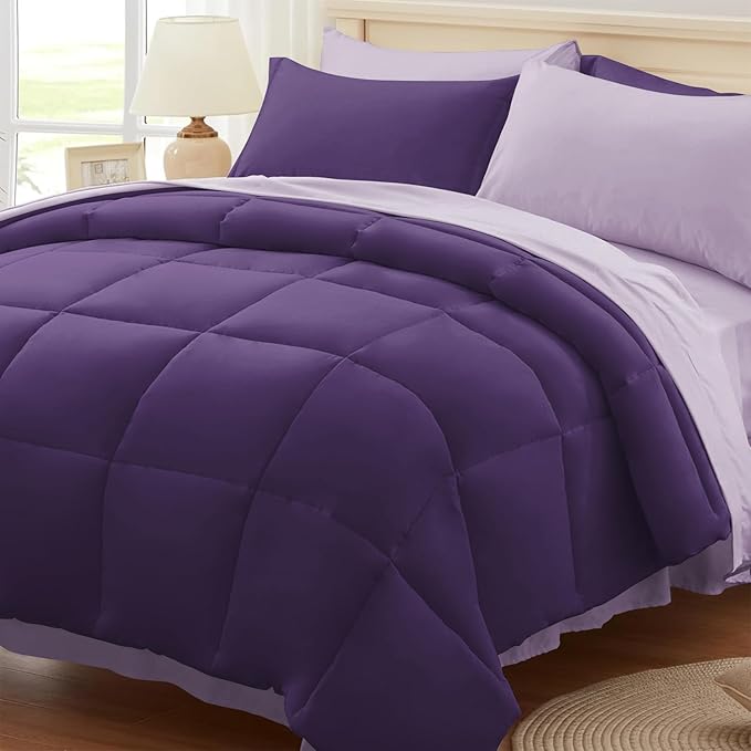 Anluoer King Comforter Set,Dark Purple&Light Purple Bed in a Bag 7 Piece,Lightweight Bedding Set with Down Alternative Fill,Bed Set Includes Comforter, Fitted Sheet, Flat Sheet,Pillowcases and Shams