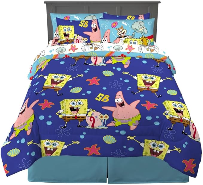 Spongebob Squarepants Kids Bedding Super Soft & Cozy Reversible Microfiber Comforter and Sheet Set with Sham, 7 Piece Queen Size, (Officially Licensed Product) by Franco