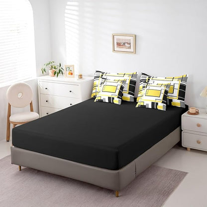 Erosebridal 7Pcs Yellow Black Modern Square Abstract Comforter Set King,Geometric Bed in A Bag for Women Men Adults,Boho Graffiti Stripes Striped Bedding with Bed Sheets,Mid Century Minimalist Quilt