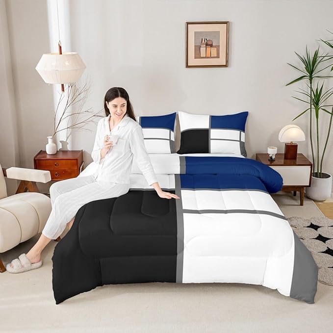 Erosebridal Geometric Abstract Toddler Comforter Blue and White Striped Bedding Set Square Grid Duvet Insert Modern Art Patchwork Bed Sets for Minimalist
