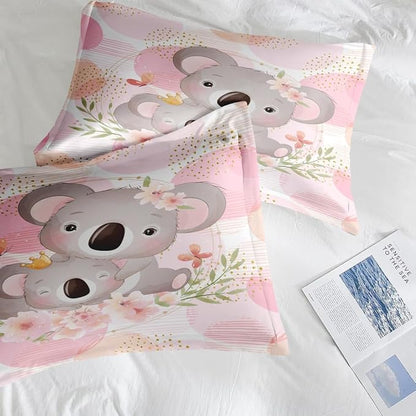 Comforter Set King Size, Cute Koala Bear 3 Pcs Soft Bedding Set for Kids and Adults, Floral Animal Flower Comforter Set with 2 Pillowcases, for Bedroom Bed Decor