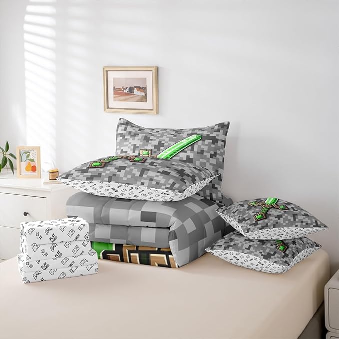 Castle Fairy Green Gemstone 7 Piece Comforter Set Queen Size,Green Brown Sword All Season Reversible Bed in a Bag Grey Pixel Bedding Sets Miner Theme Square Flat Sheet,Fitted Sheet,Pillowcases