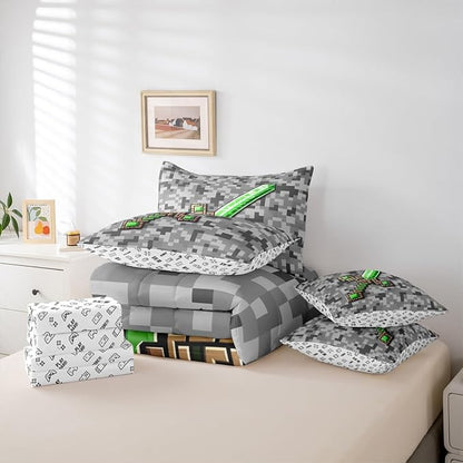 Castle Fairy Green Gemstone 7 Piece Comforter Sets King Size,Green Brown Sword All Season Reversible Bed in a Bag Grey Pixel Bedding Sets Miner Theme Square Flat Sheet,Fitted Sheet,Pillowcases