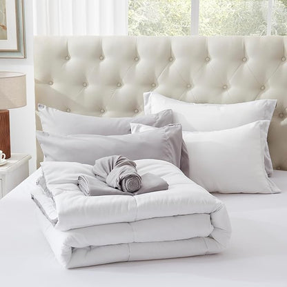 Anluoer King Size Bed in a Bag 7 Pieces, White Comforter Set with Sheets, All Season Bedding Sets with 1 Comforter, 2 Pillow Shams, 2 Pillowcases, 1 Flat Sheet, 1 Fitted Sheet