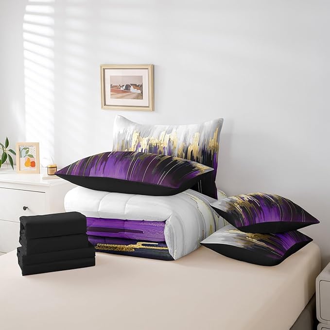 Purple Bed in a Bag 7-Piece Watercolor Graffiti Bedding Set, Striped Oil Painting King Size Comforter Set Aesthetic Modern Bedding Comforter Sets, Ombre Brush Marks Contemporary Bed Set Gold Decor