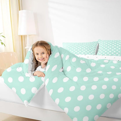 Manfei Polka Dots Comforter Set,Modern Geometric Circles Abstract Simple Art Bedding Set for Adults Living Room,Cartoon French Style Dots Green White Quilt Set 3 Pcs with 2 Pillowcases,King