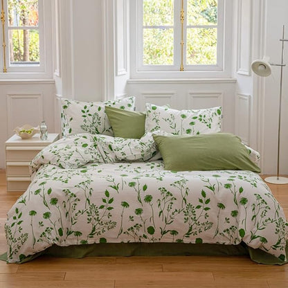CLOTHKNOW White Green Comforter Set Twin/Twin XL Green Floral Bedding Comforter Sets Green Flowers Bedding Sets Green Boho Bed Comforter Sets
