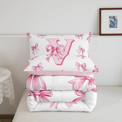 Erosebridal Initial Letter V Bow Bedding Set for Kids Girls Teen Women,Pink Girly Bowknot Comforter Set Queen Cute Fantasy Princess Bedding Comforter Sets Kawaii Watercolor Bow Quilt Duvet