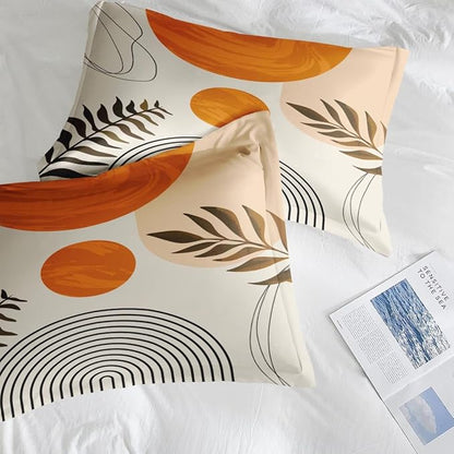 Comforter Set King Size, Mid Century Boho Orange 7 Pcs Bedding for Kids and Adults, Geometric Bed Sheet Sets with Fitted Sheet 2 Pillowcases & 2 Shams for Bedroom Bed Decor