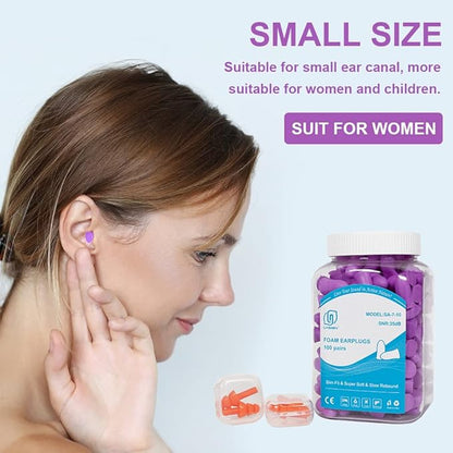 LYSIAN Slim Size Foam Ear Plugs for Small Ear Canals Women, Kids, 100 Pairs, 35dB SNR Noise Canceling Earplugs for Sleeping, Work and Study (Purple)