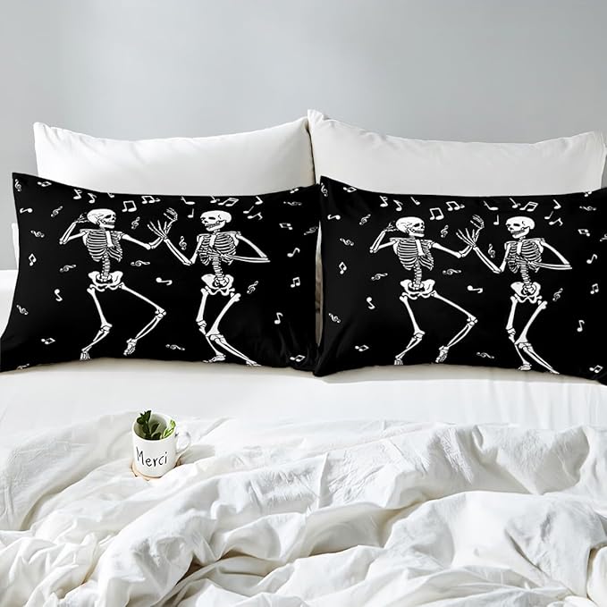 Erosebridal Halloween Skull Dancing Queen Comforter Set, Gothic Skull Singing Bedding Set, Skeleton Music Note Comforter, Musical Notes Quilt for Kids Boys Men Goth Room Decor, 3 Piece