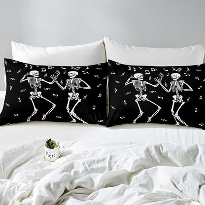 Erosebridal Halloween Skull Dancing Queen Comforter Set, Gothic Skull Singing Bedding Set, Skeleton Music Note Comforter, Musical Notes Quilt for Kids Boys Men Goth Room Decor, 3 Piece