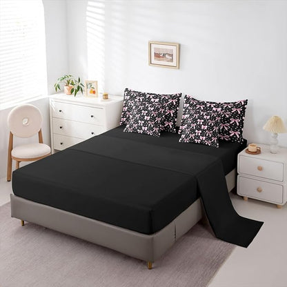Erosebridal Bowknot Girls Pink Black Kawaii Y2K Full Comforter Set 7 Pieces | Princess Bed in A Bag for Bedroom Princess Bedding Set with Comforters Cute Bow Room Decor