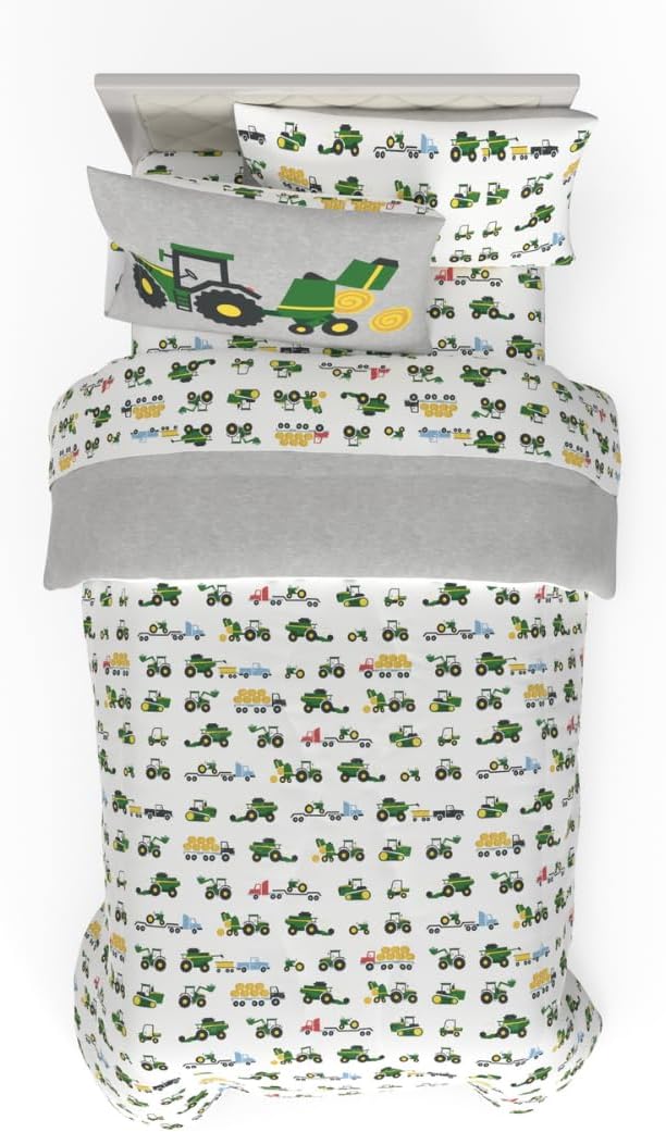 Franco Kids John Deere Farm Equipment Bedding 4 Piece Super Soft Reversible Comforter and Sheet Set, Twin, (Officially Licensed Product)