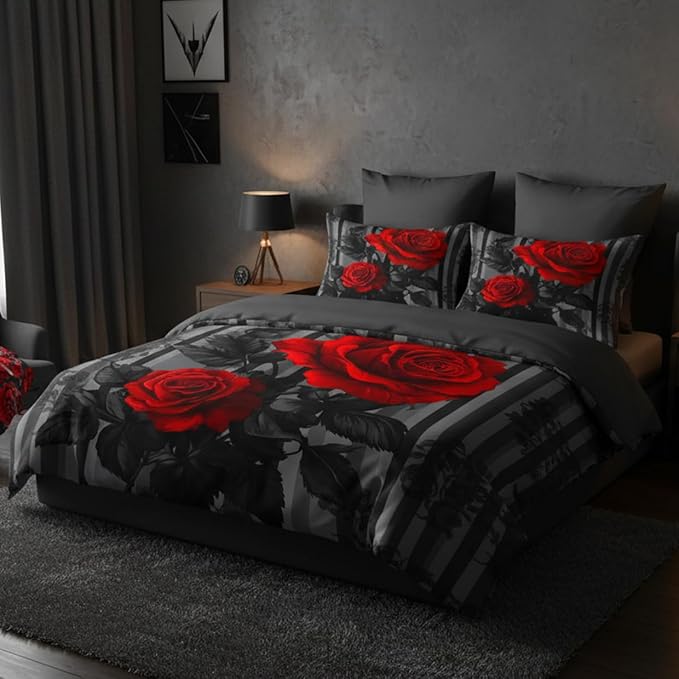 Grey Stripe Comforter Black Red Roses Bedding Set Queen Size for Women Romantic Botanical Leaves Quilted Comforter for Bedroom Decor - 3Piece Soft Fluffy Microfiber with 2 Pillowcases