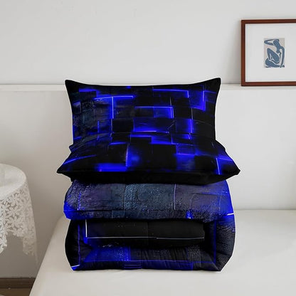 Navy Blue Black Bedding Twin 3D Glowing Buffalo Twin Comforter Set Modern Abstract Art Bedding Comforter Sets Geometric Plaid Duvet Insert, Gradient Futuristic Cubes Down Comforter (Black Reversible)