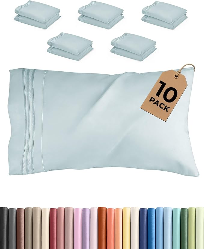King Pillow Cases Set of 10 - Ultra Soft Hotel Quality Pillowcase Covers - Comfy & Wrinkle Free - Shrink, Stain & Fade Resistant - Easy-Care, Machine Washable Pillow Protectors - 10 Pcs Set - Ice Blue