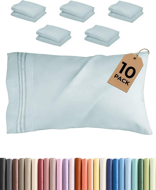King Pillow Cases Set of 10 - Ultra Soft Hotel Quality Pillowcase Covers - Comfy & Wrinkle Free - Shrink, Stain & Fade Resistant - Easy-Care, Machine Washable Pillow Protectors - 10 Pcs Set - Ice Blue
