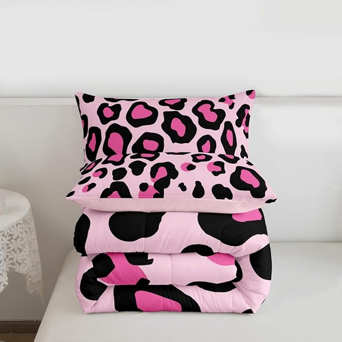 Erosebridal Pink Black Leopard Twin Comforter Set for Kids Boys Girls,African Cheetah Print Bedding Set,Farmhouse Rustic Duvet Insert,Wild Animal Skin Bed Set for All Season