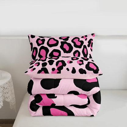Erosebridal Pink Black Leopard Full Size Comforter Sets for Kids Boys Girls,African Cheetah Print Bedding Set,Farmhouse Rustic Duvet Insert,Wild Animal Skin Quilt Bedroom Decor