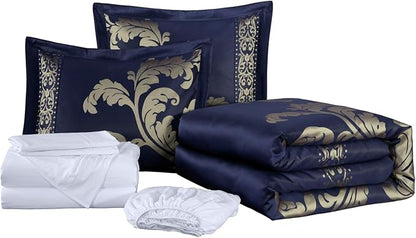 Chezmoi Collection Valor 7-Piece King Bed in a Bag, Navy/Gold Luxury Jacquard Floral Comforter with Sheets Set for All Season
