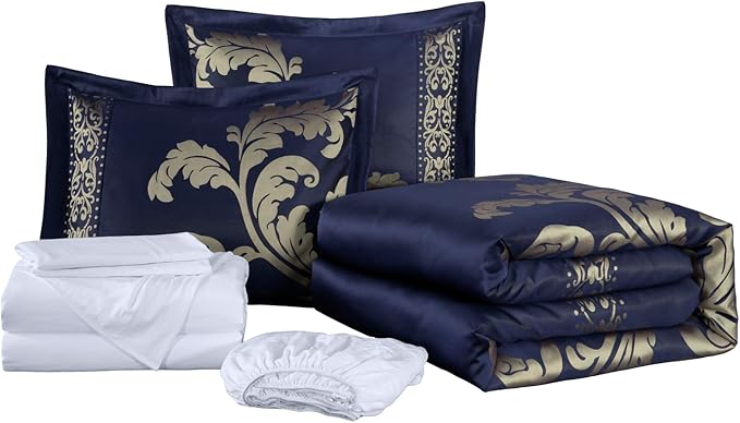 Chezmoi Collection Valor 7-Piece California King Bed in a Bag, Navy/Gold Luxury Jacquard Floral Comforter with Sheets Set for All Season