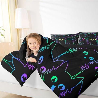 Erosebridal Kids Bedding Cartoon Cat Comforter Set Twin Size,Gradient Line Cute Cat Bedding Set for Teens Boys Girls Adults Room Decor,Lovely Animal Kitten Print Comforter All Season,Rainbow Black