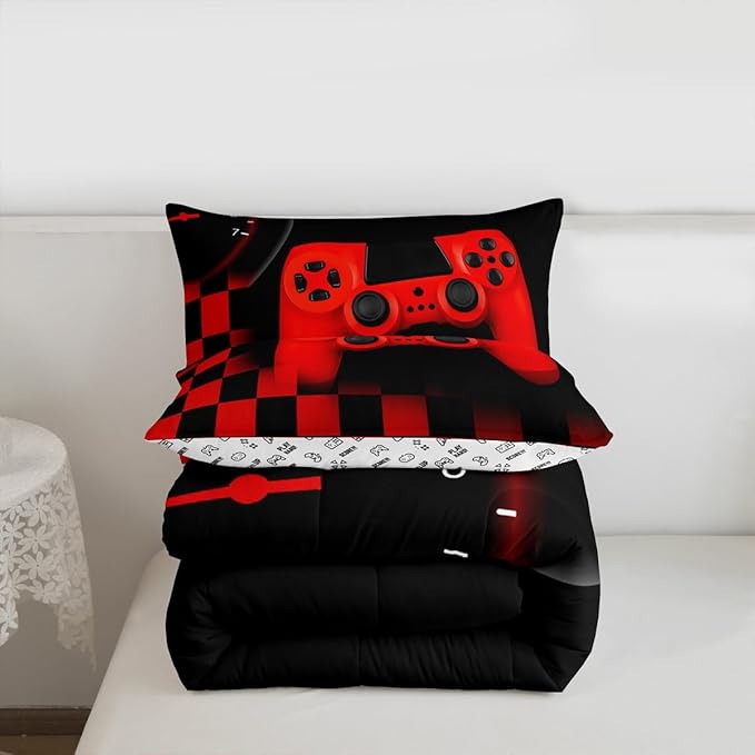 Gaming Comforter for Boys Teen,Game Controller Bedding Set for Kids,Down Alternative Comforter for All Season,Gamer Home Decor for Young Man Comforter Set with Buffalo Check Plaid Duvet Quilted,Queen