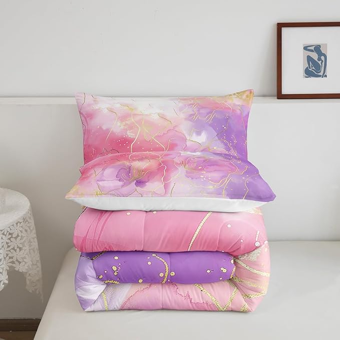 Erosebridal Pink Marble Bedding Comforter Sets Full Size, Tie Dye Decor Comforter Set for Boys Girls Women Bedroom, Gold Bronzing Bedding Purple Modern Abstract Quilt with 2 Pillowcases