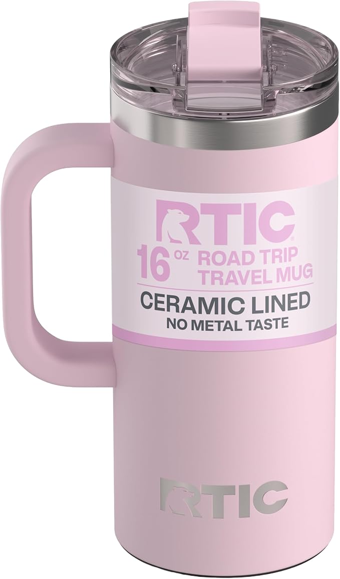 RTIC 16oz Road Trip Travel Mug with Lid and Handle, Ceramic Lined, Insulated, Stainless Steel, Metal, Double Wall Vacuum-Insulation, Portable Coffee, Tea Cup for Hot and Cold Drink, Pale Pink