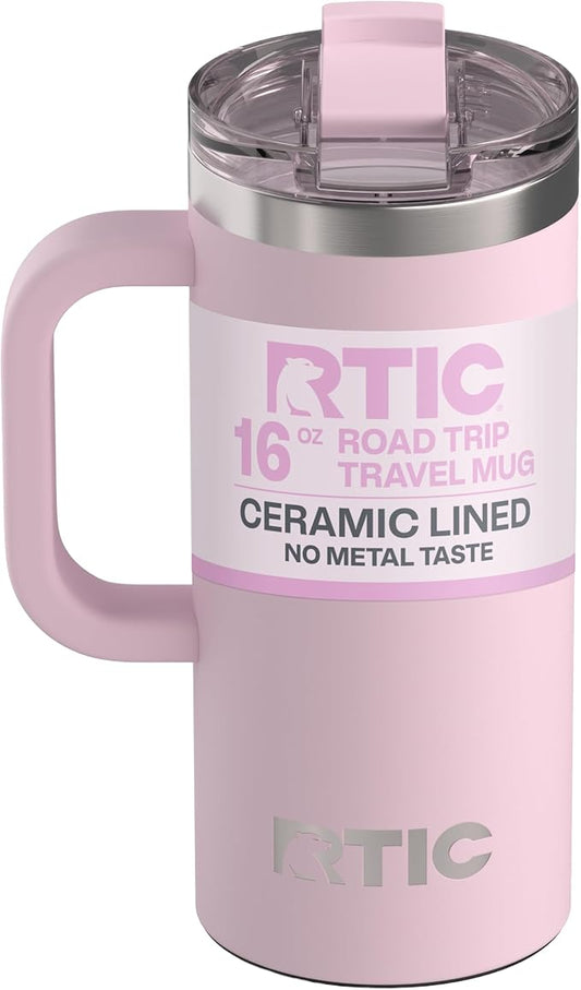 RTIC 16oz Road Trip Travel Mug with Lid and Handle, Ceramic Lined, Insulated, Stainless Steel, Metal, Double Wall Vacuum-Insulation, Portable Coffee, Tea Cup for Hot and Cold Drink, Pale Pink